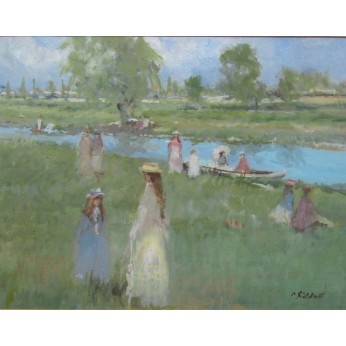 7052 - DAN SIDDALL (XX) An ornate framed oil on canvas, Summer's Day on a river bank with figures. Signed b... 