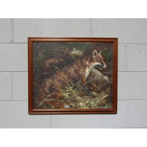 7074 - MICK CAWSTON (1959-2006): An oil on artists board of a fox, signed lower-right and dated 1984. 50cm ... 