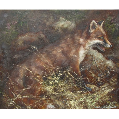 7074 - MICK CAWSTON (1959-2006): An oil on artists board of a fox, signed lower-right and dated 1984. 50cm ... 