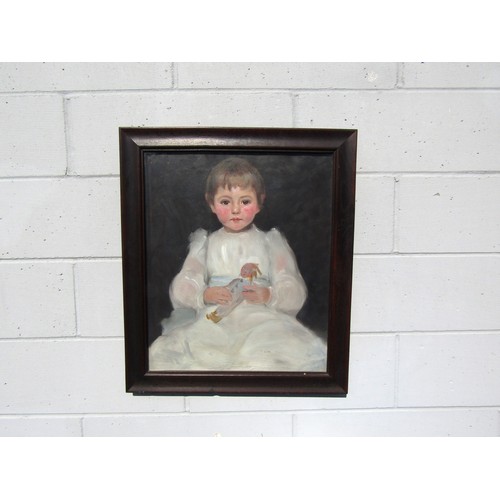 7139 - An oak framed and glazed oil on canvas portrait study of a young girl holding a doll. Indistinctly s... 