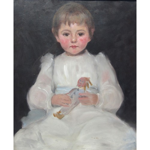 7139 - An oak framed and glazed oil on canvas portrait study of a young girl holding a doll. Indistinctly s... 