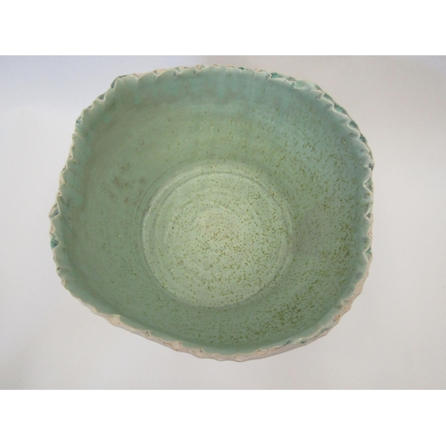 1120 - A Studio Pottery bowl with pale green interior, 26cm diameter