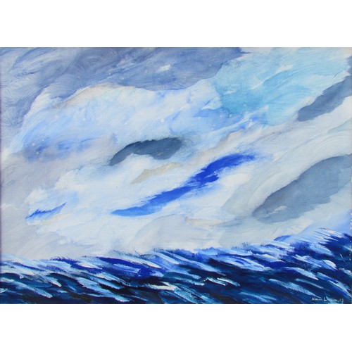 7050 - SIMON LISSIM (1900-1981) A framed gouache on board depicting waves and sky in blues. Signed bottom r... 