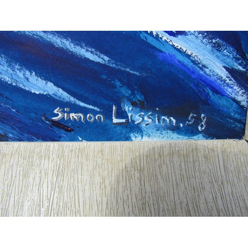 7050 - SIMON LISSIM (1900-1981) A framed gouache on board depicting waves and sky in blues. Signed bottom r... 