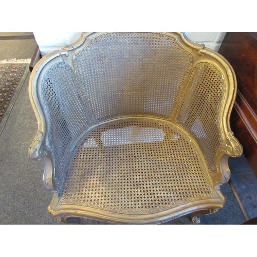 1019 - A giltwood bergere tub chair on cabriole fore legs with carved detailing