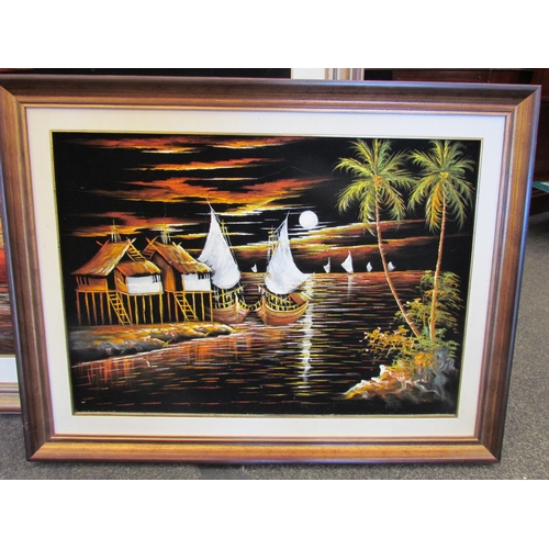 1049 - A velour framed image of pagodas above waterfall and lake, framed, 66cm x 135cm and a similar exampl... 