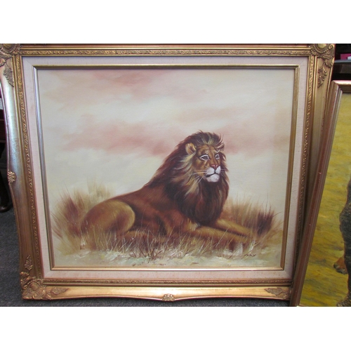 1080 - An oil on canvas depicting a lion, 51cm x 60cm, and an oil on board of a rhino, 50cm x 40cm, both fr... 