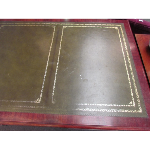 1111 - A Norfolk Manor twin pedestal mahogany desk, seven drawers, gilt tooled green leather insert, 77cm h... 