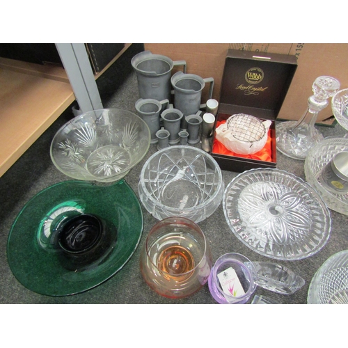1172 - A collection of glassware including bowls, Caithness, decanter, etc., and pewter measuring jugs