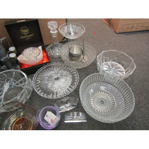 1172 - A collection of glassware including bowls, Caithness, decanter, etc., and pewter measuring jugs