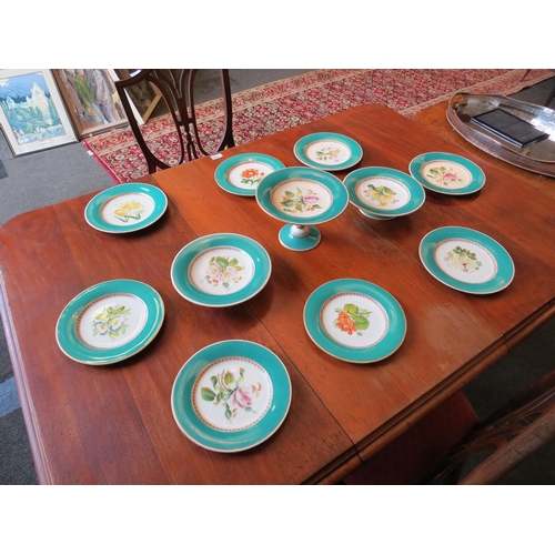 1021 - A Victorian part dessert set, apple green bands hand-painted with flowers, tazza, plates, etc.