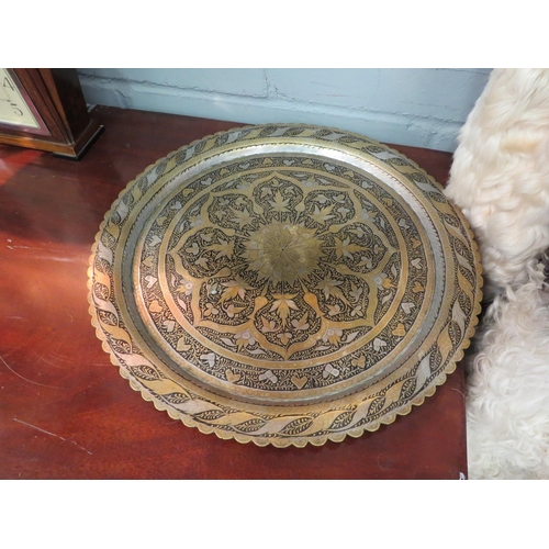 1043 - A Persian style floral design tray, 40cm diameter, and a brass urn with fluted rim, 61cm tall (2)   ... 