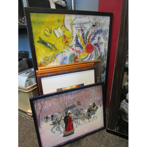 1536 - Six various prints and embroidered images depicting sleigh ride in snow, print of Corfu street scene... 