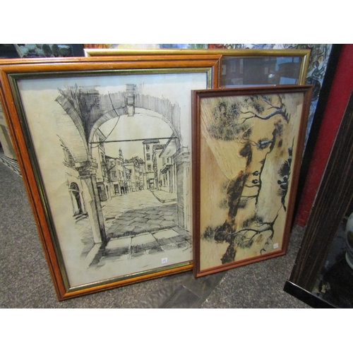 1536 - Six various prints and embroidered images depicting sleigh ride in snow, print of Corfu street scene... 