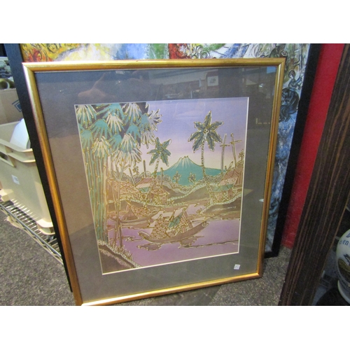 1536 - Six various prints and embroidered images depicting sleigh ride in snow, print of Corfu street scene... 