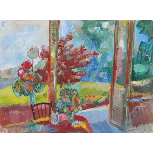 7056 - ARTHUR GOODWIN (1922-1998) A large framed and glazed acrylic on paper, veranda scene with table and ... 