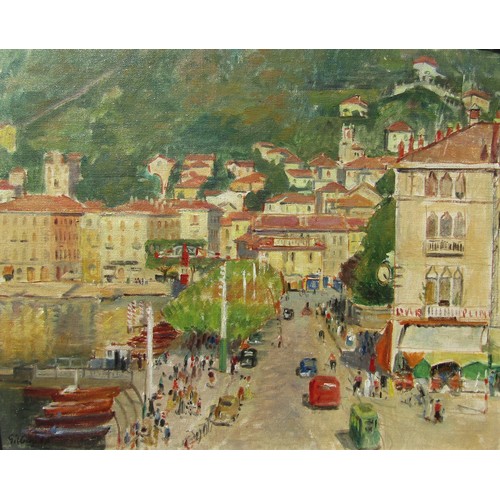 7062 - MICHAEL GILBERY (1913-2000) An ornate framed oil on board, 'Como Town, Italy'. Signed bottom left. N... 