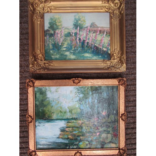 7059 - JAMES CARLISLE (1937-2019) Two framed oils on board, 'Hollyhocks, Bamburgh Castle' and a lily lake s... 