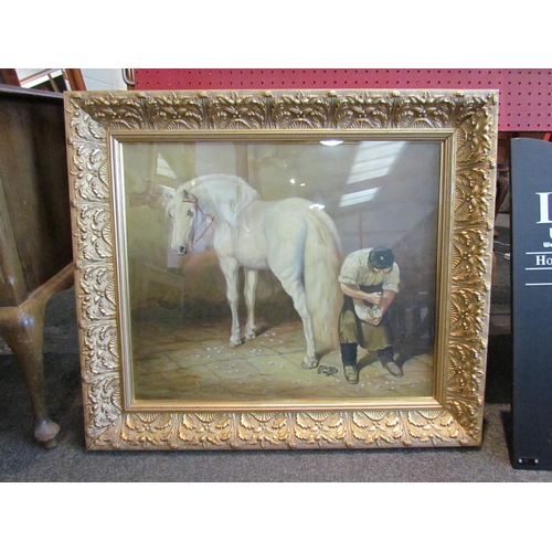 1073 - FRASCIA (XX): An oil on canvas of farrier tending to white horse, ornate gilt frame, 48.5cm x 68.5cm... 