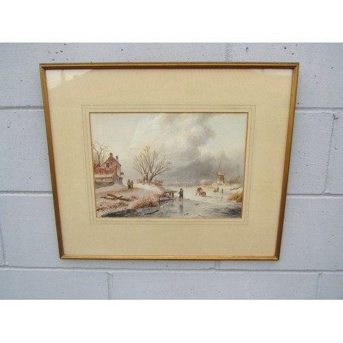 7134 - CHARLES HENRY JOSEPH LEICKERT (Belgian 1816-1907) A framed and glazed watercolour, winter scene with... 