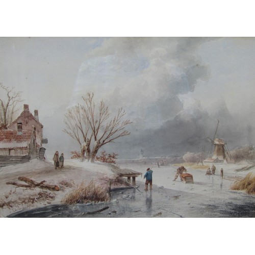 7134 - CHARLES HENRY JOSEPH LEICKERT (Belgian 1816-1907) A framed and glazed watercolour, winter scene with... 