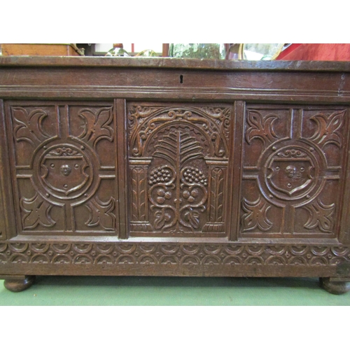 4003 - An 18th Century oak coffer, carved front panels on bun feet, 63cm high x 106cm wide x 53cm deep