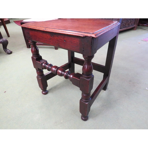 4074 - A 19th Century pegged oak chair-back stool with chamfered finials and humped-shape backrest on turne... 