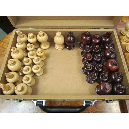 4120 - Two sets of modern Chess Baron Eastern snuff bottle shaped wood chess pieces with one board, king he... 