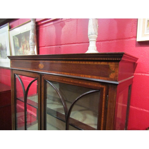 4152 - An Edwardian mahogany inlaid display cabinet with three shelves, glazed doors and sides, over two dr... 