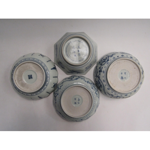 4459 - Four blue and white Oriental bowls with character marks to bases, one damaged, largest 15cn diameter