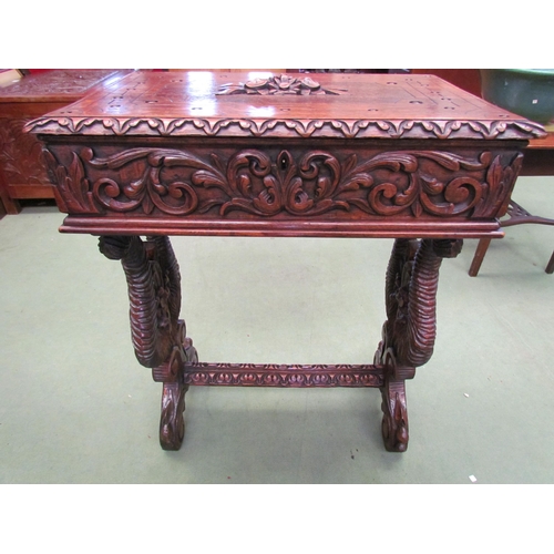 4008 - A Victorian carved oak worktable in the manner of the 'Black Forest' region, the hinged top over a s... 