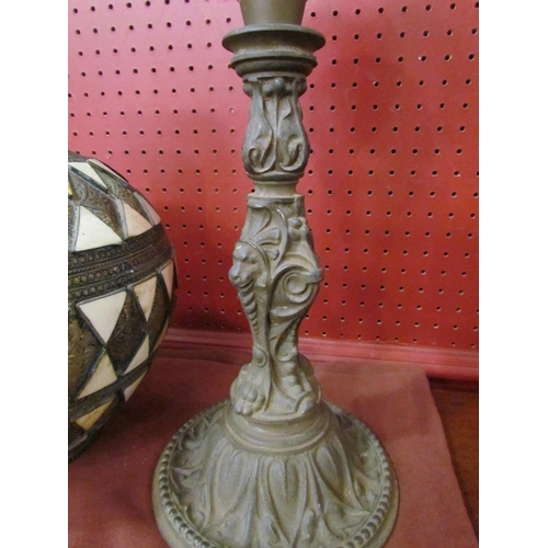 4034 - An Eastern brass covered pottery bulbous form table lamp base with bone panels and an oil lamp base ... 