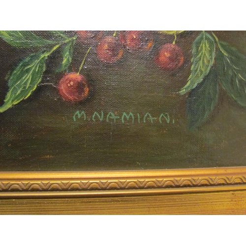 4049 - M. NAMIAN: An oil on canvas depicting floral still life with fruit and vase painted in the Dutch sty... 