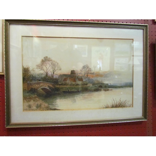 4057 - H. WELLS: A Victorian watercolour depicting Broxbourne, bridge with church and cottages, signed lowe... 