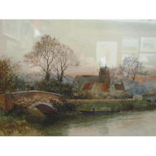 4057 - H. WELLS: A Victorian watercolour depicting Broxbourne, bridge with church and cottages, signed lowe... 