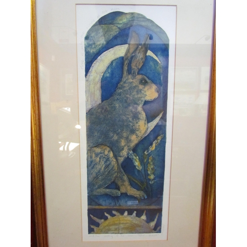 4062 - MANDY WALDEN: A framed and glazed coloured etching of a hare, 'Time is on the rising of the moon and... 