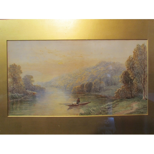 4095 - J. MORRIS: A watercolour depicting two figures in fishing boat on river with trees, signed lower rig... 