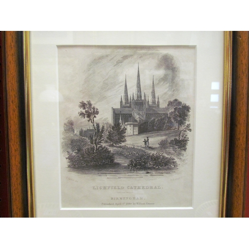 4109 - A framed map of Staffordshire, 25cm x 20cm image size, and an etching of Lichfield Cathedral, framed... 