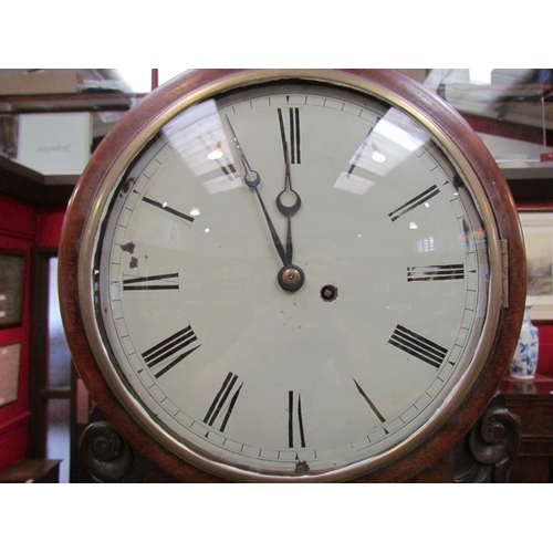 4114 - A 19th Century mahogany wall clock, Roman numerated chapter ring, key and pendulum