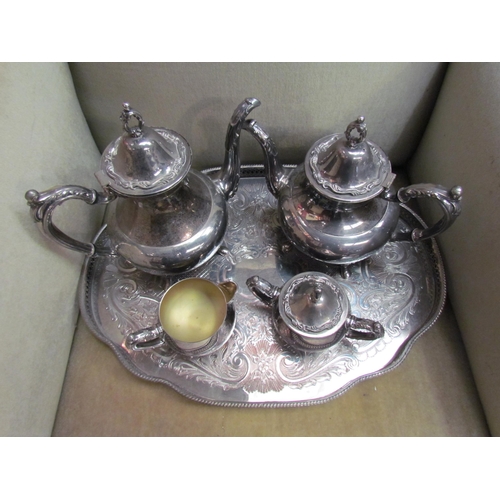 4117 - A Pepper & Hope plated galleried tray with associated tea and coffee set