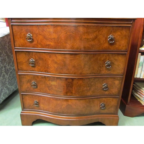 4130 - A George II style burr walnut serpentine front chest of four long drawers over bracket feet, 84cm ta... 