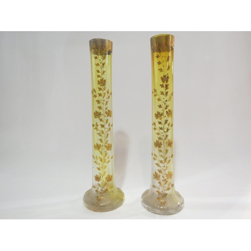 4438 - A pair of 19th Century tall gilt highlighted engraved glass lily/gladioli vases, 39cm tall