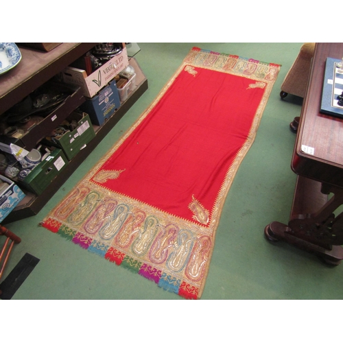 4180 - A late 19th Century Indian gold thread embroidered red felt shawl (worn)