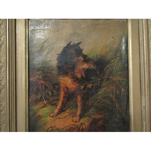 4198 - An oleograph of a dog with rabbit it its mouth, ornately gilt framed, 33cm x 28cm image size