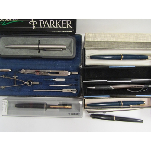 4336 - Ten pens including Parker, Sheaffer and Pierre Cardin and a protractor set.