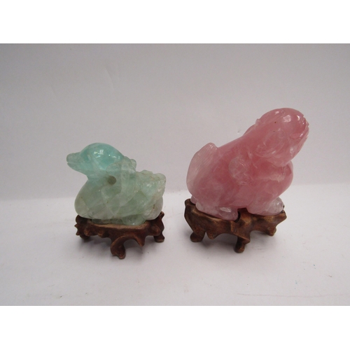 4355 - Two carved Oriental crystal/stone figures (Dog of Fo and a duck) and a miniature crystal hand seal