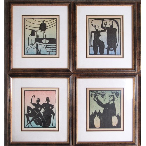 7030 - AKE HOLM (Swedish 1900-1980): A set of eight woodcut prints of figures, framed and glazed, pencil si... 