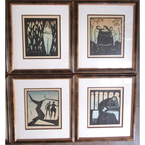 7030 - AKE HOLM (Swedish 1900-1980): A set of eight woodcut prints of figures, framed and glazed, pencil si... 