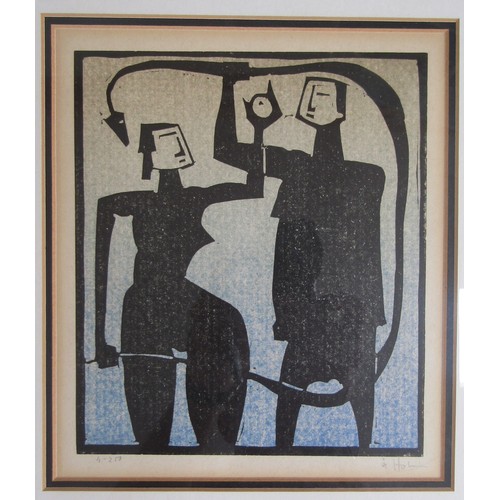 7030 - AKE HOLM (Swedish 1900-1980): A set of eight woodcut prints of figures, framed and glazed, pencil si... 