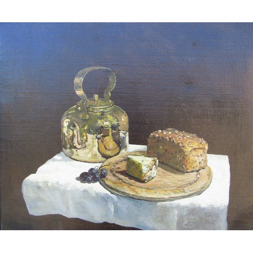 7051 - GERALD ROBERT TUCKER (b.1932) An oil on board still life, Brass kettle with bread and cheese, signed... 